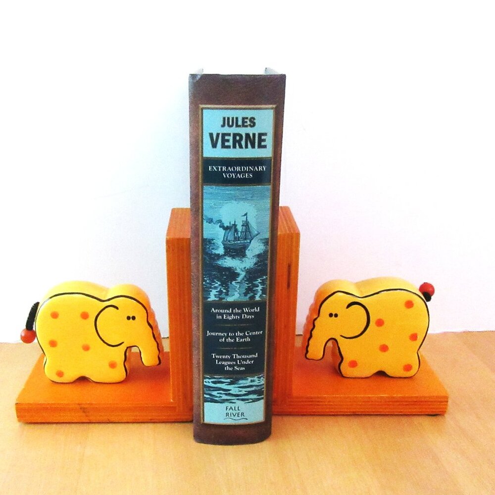 Ceramic elephant wood bookends - library decor - childs room - yellow elephants